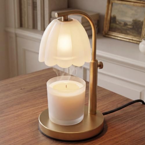 Scalloped Glass Candle Warmer Lamp with Timer (2H/4H/8H) - Dimmable & Adjustable Height - Wax Melter for Large & Small Jar Candles - 2 Bulbs - Gold Metal - Flameless Home Decor Gift for Women (White) by Unknown