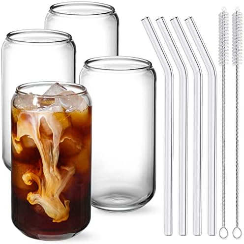 NETANY Drinking Glasses with Glass Straw 4pcs Set - 16oz Highball Glass Cups, Beer Glasses, Iced Coffee Glasses, Cute Tumbler Cup, Ideal for Whiskey, Soda, Tea, Water, Gift, 2 Brushes by NETANY