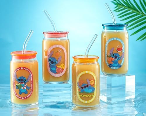 JoyJolt Disney Stitch Island Vibes Glass Tumblers with Lids and Straws, 16oz Glass Cups with Lids and Straws, Can Shaped Drinking Glasses Set of 4, Stitch Stuff, Disney Gifts for Adults - Image 5