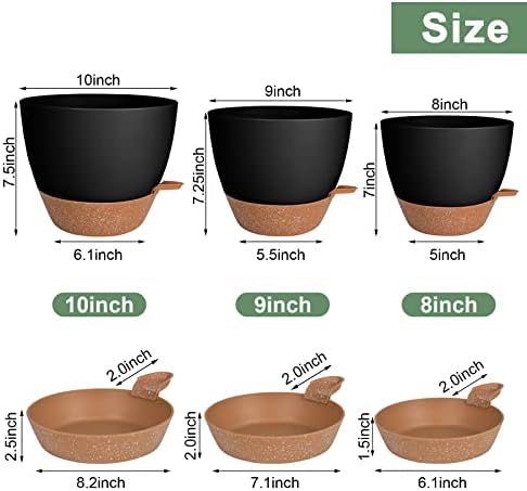 Vanslogreen Planters for Indoor Plants 3 Pack, 10/9/8 Inch Self Watering Flower Pots with Drainage Hole, Plastic Large Plant Pots (Black) - Image 2