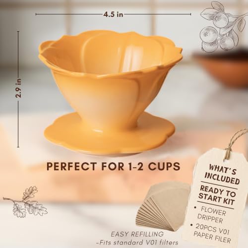 Ceramic Pour Over Coffee Dripper Flower Shape V60-01 (Lemon) - Image 2