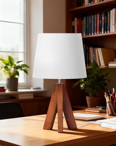 Tripod Table Lamp, Small Bedside Lamp with White Fabric Shade & Dark Wood Base, Modern Nightstand Lamp, Little Cute Desk Lamp for Bedroom, Kids Room, Living Room, Office, Study, LW51TL05 - Image 3