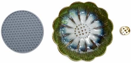 Pinehaven Ceramic Lotus Incense Holder – 5.5 Inch Hand-Sculpted Tray, Brass 9-Hole Insert for Sticks, Palo Santo, Sage & Cones – Japanese Zen Home Décor for Meditation (Green) - Image 6
