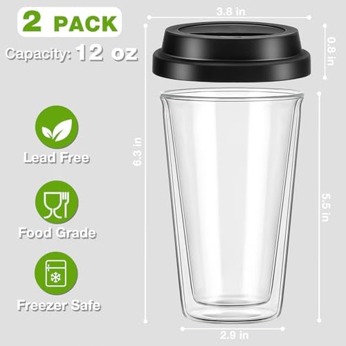 Qipecedm® 2 Packs Double Walled Glass Coffee Mugs with Silicone Lids, 12 OZ Reusable Glass Coffee Cups, Insulated Coffee Mugs, Cappuccino,Tea,Latte,Iced Coffee Cups, Glass Travel Mug, Heat Resistant - Image 7