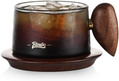 Bincoo Glass Coffee Cups and Saucers Set, 250ML Clear Glass Iced Coffee Mug Espresso Cup Tea Cup with Walnut Handle and Coaster (Gray) by Bincoo