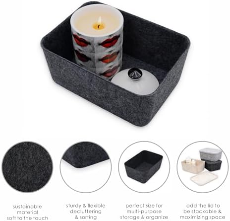 Welaxy Felt deep Storage Bins lidded Drawer Organizer Caddy Charcoal Box - Image 2