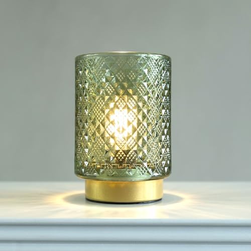 LUSHARBOR Battery Operated Lamp with Timer, Small Table Lamp for Shelf Decor, Glass Cordless Lamps Bedside Cozy Light for Living Room/Coffee Table/Entryway Diamond Design-Green by LUSHARBOR