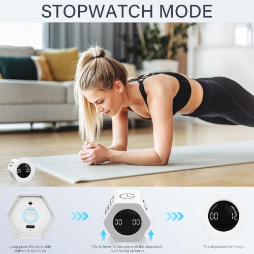 Rotating Productivity Timer 5, 25, 10 30,60 Mins Preset Stopwatch, Desk Flip ProductivityTimer, ADHD Tool Hexagon, Vibration/Mute/Alarm, for Work, Study, Back to School, Kitchen, 2 Pack White - Image 5