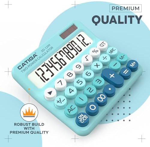 CATIGA Mechanical Switch Calculator with Solar and Battery Dual Power, 12-Digit Large LCD Display, Aesthetic and Cute Desktop Calculator with Big Button, for Home, School and Office Use, SD-1299 - Image 2