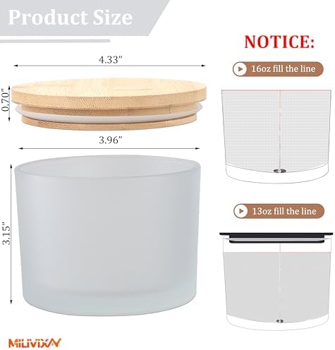 MILIVIXAY 6 Pack 16 oz Candle Jars with Bamboo Lids and Candle Making Kits - 3 Wick Candle Jar,Bulk Empty Frosted White Thick Glass Jars for Making Large Candles- Spice, Powder Containers. - Image 3