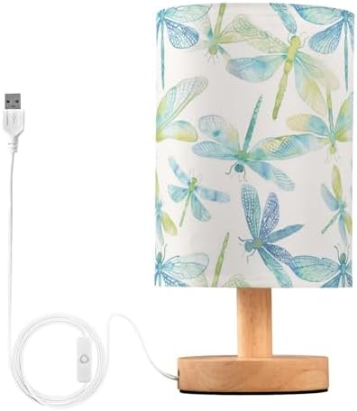 Teal Blue Green Dragonflies Table Lamp for Bedroom USB Port Lamps Small Accent Table Lamp Nightstand Lamp Study Linen Shade with Wooden Base, Decorative Lamps for Bedside Reading|Kids|Dorm|Home by Fustylead