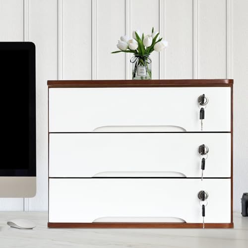 3-Tier Desktop Storage Box with Lockable Drawer, Wooden Desk Organizer for Office Supplies, Flat File Cabinet, Minimalist Design for Home & Office Use(Walnut+White) - Image 2
