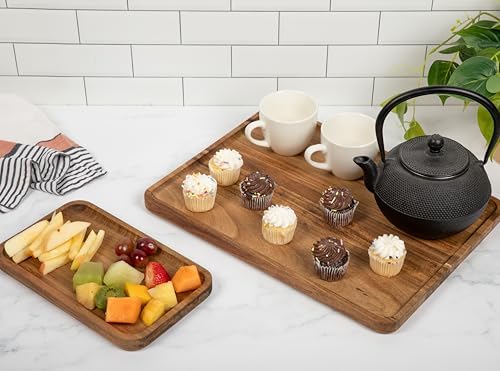 Acacia Rectangle Wooden Tray - 2 Sizes 16" X 12" and 10" X 6" - Food Safe Serving Tray - Large & Small Wooden Trays Combination - Durable Wood Display Tray for Coffee Party or Home Decor - Image 5