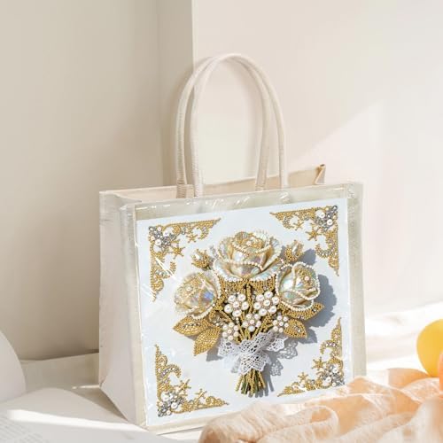 Xylzzuit DIY Pearl Painting Canvas Tote Bag Kit 11.42IN Diamond Art Handbag for Women Shopping Grocery Bag Dots Beads Art Craft Gift (Flower01) - Image 4