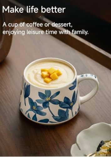 14OZ Ceramic Latte Mug, Cute Misty Blue Flower Coffee Mug For Women, Retro Floral Cup For Green Tea OR Coffee,Hand Painted Floral Design Pottery Cute Mug - Image 4