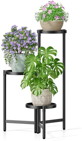 3 Tier Large Plant Stand Indoor with 7.9 Inch Wide Tray, Tiered Corner Metal Outdoor Flower Holder Stand, Folding Tall Rack for Display Shelf for Patio Porch Balcony - BlackDisk by Unknown