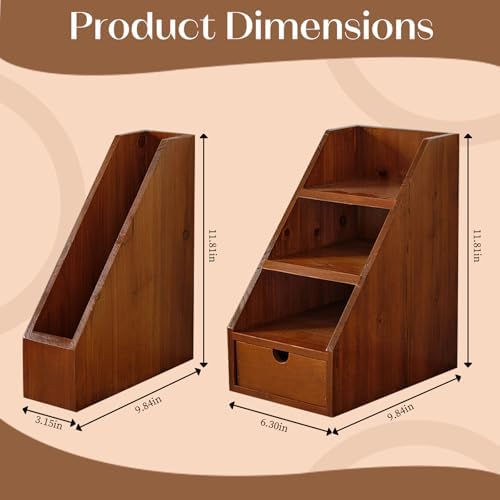 Vintage Wooden Desk Organizer Set of 2 - Wood Desktop File Holder & Shelf with Drawer - Rustic Office Storage for Books, Folders, Mail & Supplies - Matching Organizer for Home Office Desk - Image 2