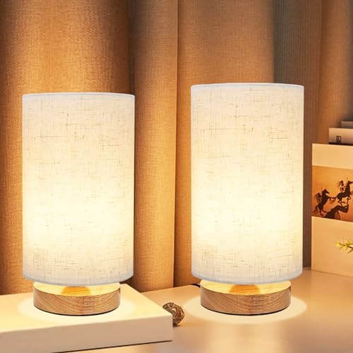 Small Bedside Table Lamp for Bedroom set of 2,Minimalist Wood Base & Round Fabric Shade,Mini Cute Cozy Warm Nightstand Boho Lamp set, Study Desk Night Stand Light for Room, Dorm,Nursery,Living Room by UCHENTON