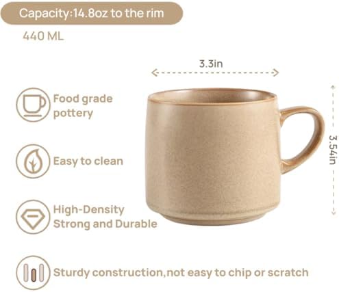 12oz Japanese Style Minimalistic Asian Rustic Reactive Glaze Ceramic Pottery Coffee Mug, Lead-Free Glaze earthen Tea Mug,Tea cup with handle, stoneware mugs, Microwave and Dishwasher Safe(Khaki) - Image 2