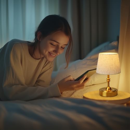ONEWISH Small Cordless Lamp, Battery Operated Table lamp Dimmable, 4000mAh Rechargeable, Touch Bedside Lamp with Beige Linen Fabric Shade, 2700K Bulb Included, for Dining, Patio, Bathroom(Gold) - Image 6