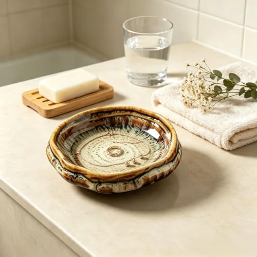 Speckled Ceramic Jewelry Dish, 5 Inch Rustic Footed Ring Dish, Boho Wabi Sabi Trinket Bowl for Rings Earrings Necklaces, Vanity Nightstand Key Tray for Women, Decorative Jewelry Holder Gift - Image 6