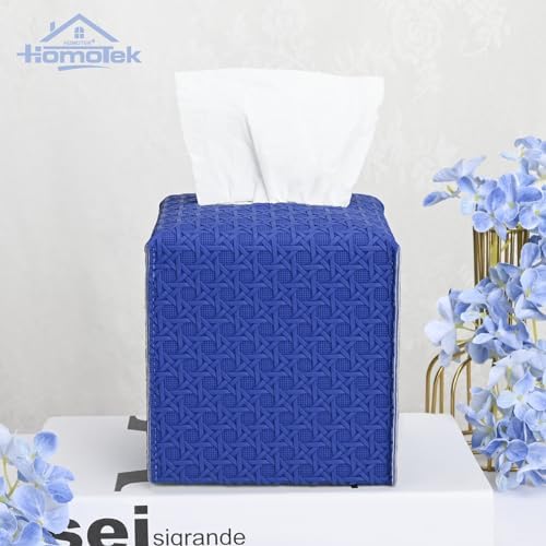 HOMOTEK 2 Pack Tissue Box Cover, Square PU Leather Tissue Holder, Decorative Facial Tissue Cube Paper Organizer Dispenser for Bathroom, Night Stands, Desk, Car 5X5X5'' - Rattan Weave,Blue - Image 6