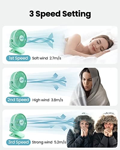 Gaiatop Portable Clip on Fan Battery Operated, Small Powerful 3 Speed Quiet 360° Rotate, USB Rechargeable Mini Personal Cooling Fan for Desk Table Home Office Stroller Camping Women Gifts Green - Image 6