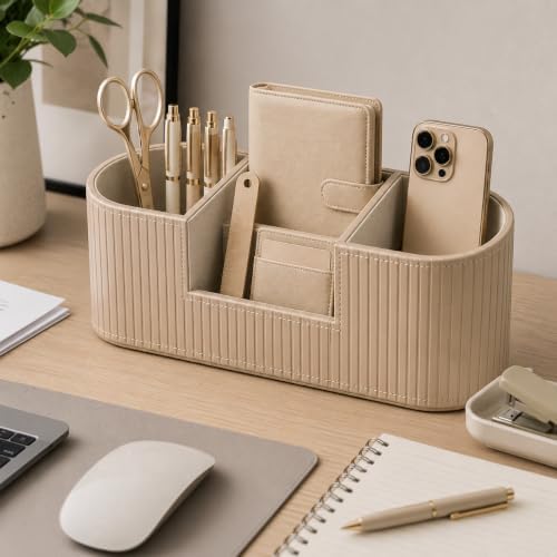 KINGFOM Aesthetic Desk Organizer for Women, Luxury Faux Leather Desk Accessories with 4 Compartments, Minimalist Vanity Organizer for Makeup Brushes, Beige Office Decor for Home, Bedroom & Workspace - Image 4