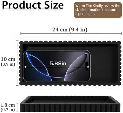 Bathroom Vanity Tray - 9.4''x3.9'' Silicone Bathroom Tray with Scalloped Edge, Counter Top Tray for Vanity Sink Countertop, Decorative Organizer for Cosmetics Jewelry, Rectangular, Black - Image 2