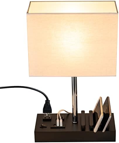 Briever USB Table Lamp, Multi-Functional Desk Lamp with 2 AC Outlets, Bedside Lamp with 3 USB Charging Ports and Wooden Phone Stands, Nightstand Lamp for Bedroom, Livingroom, Office, Linen Shade by Briever