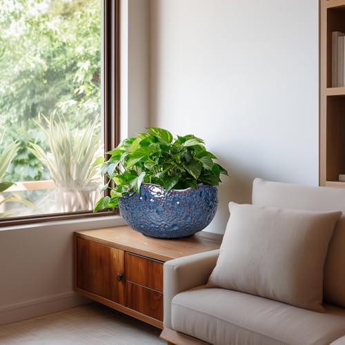 10 Inch Plant Pot - Ceramic Planter for Indoor Outdoor, Round Bonsai Pots, Decorative Flower Pots with Drainage Hole, Modern Unique Planters, House Decor, Home Gifts, Retro Blue - Image 6