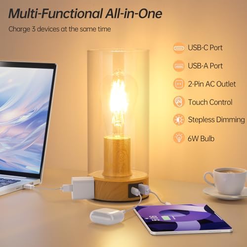 Touch Control Bedside Lamp with Charging Station，Wood Metal Small Lamp - Image 4