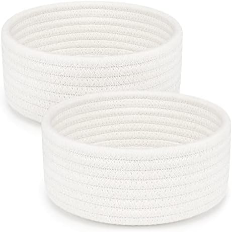 ABenkle 2 Pack Small Baskets, Cotton Rope Woven Basket, Cute Mini Tiny Storage Baskets, Decorative Boho Basket for Nursery Living Room Bedroom Shelf, Empty Gift Baskets - White by ABenkle
