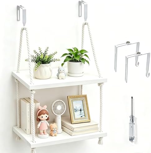 2 Tier Cubicle Shelf with Hooks, Wooden Hanging Organizer for Office by Fernlandia