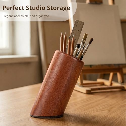 walowalo Pen Holder Natural Wooden Pencil Holder for Desk, Angled Design Makeup Brush Holder Pencil Cup, Multiple-Use Marker Holder Desktop Stationary Organizer for Office, Home, School - Image 6