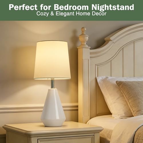 Small Bedside Table Lamp for Bedroom - Reading Desk Lamp with 3 Color Temperatures，15.5" Nightstand Ceramic Lamp with Fabric Shade for Kids Room,Living Room,Dorm,Home Office (White) - Image 4