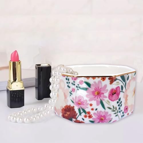 Ceramic Paper Clip Holder Gold Line Paper Clip Dispenser Organizer for Desk Cute Floral Pattern Office Binder Clip Holder Bobby Pin and Hair Clip Holder Gift for Office (White Pink) - Image 2