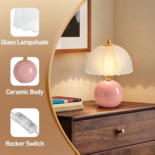 PARTPHONER Mushroom Table Lamp, Ceramic Bedside Lamp with Glass Shade, 3-Way Lighting (2700K-5000K) Rocker Switch, Small Nightstand Lamp for Bedroom, Living Room, Office, Pink - Image 4