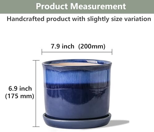 8 Inch Plant Pot: Ceramic Planter with Drainage Hole & Saucer for Indoor Outdoor Plants - Flowerpot with Bonded Tray for Home Office - Blue Reactive Glaze - Image 2