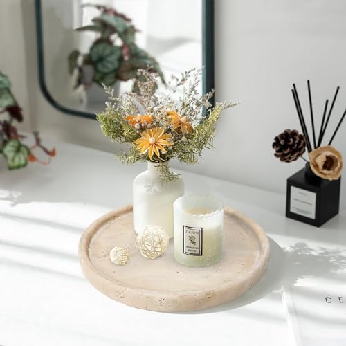 Travertine Tray, Small Ceramic Vanity Tray for Bathroom Counter Decor, Round Marble Decorative Trays for Coffee Table (Beige, Medium Size) - Image 4