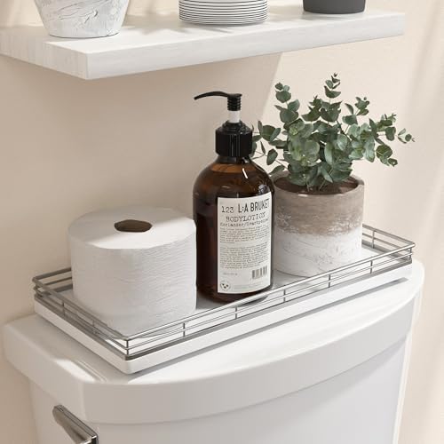 Oak Bathroom Toilet Tank Tray, 13" Wood Back of Toilet Paper Basket Tank Topper Storage, Vanity Tray for Perfume Makeup Candle Toiletry Organizer for Kitchen Coffee Table Silver Tray Decor by Focusonit