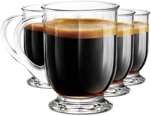 Clear Glass Coffee Mugs Set of 4, Diner Mugs16 OZ, Large Glass Beer Cups with Handle,Bottom Nine-Sided Mug for Men and Women Hot Beverages,Tea, Cappuccino, Latte, Espresso, Juice Mothers by NBABSR