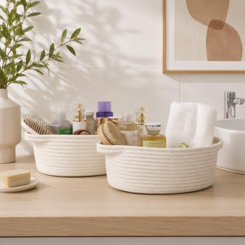 Small Woven Cotton Rope Baskets with Handles, Set of 2, White - Image 6
