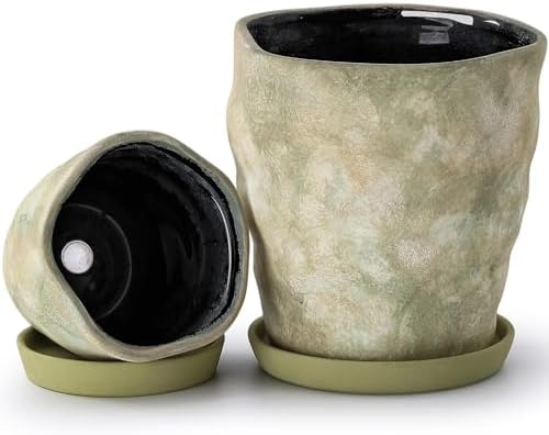 4+6 Inch Ceramic Planter Set of 2 with Drainage Hole,Saucer for Plants, Indoor-Outdoor Large Round Succulent Orchid Flower Pot- Cement Paint, Inner-pots not Larger Than 5 Inch Light Green by Unknown