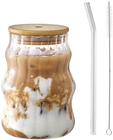 1 Pcs Ribbed Iced Coffee Glasses Cup with Straw 18 Oz by Unknown
