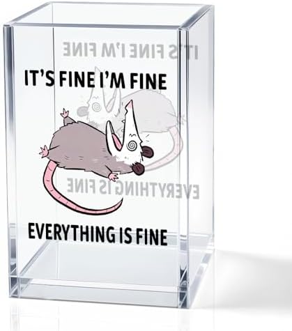 It's Fine I'm Fine Everything Is Fin Acrylic Makeup Brush Pencil Holder Cup, Funny Opossum Pen Holder Gifts For Friends Nurse, Office Sarcastic Gifts for Women Men Coworker, Desk Organizer by QYUVK