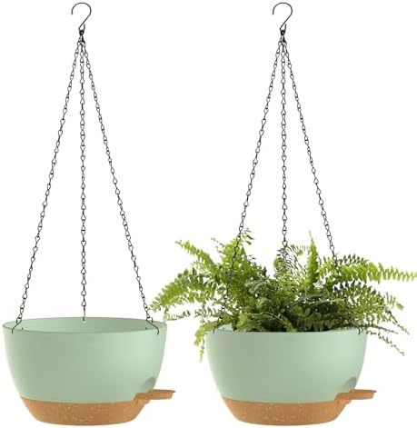 12 Inch Hanging Baskets 2 PC with Chains, Self-Watering Hanging Planters for Indoor Outdoor Plants, Plastic Hanging Flower Pots,Green Brown by SQKH
