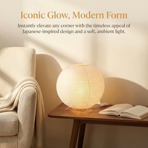 Totority Modern Paper Table Lamp, Japanese Lantern Style Bedside Night Light for Bedroom & Living Room, Minimalist Rice Paper Desk Lamp with Warm White E14 Bulb, Decorative Zen Home Lighting,US Plug - Image 2