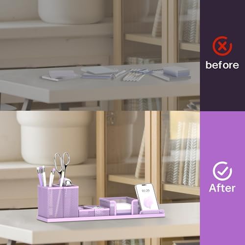 Pen Holder for Desk, 6-Piece Mesh Desk Organizer with Phone Holder, Purple - Image 5