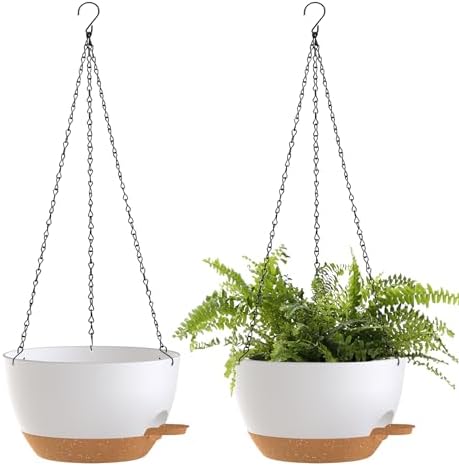 10 Inch Hanging Baskets 2 PC with Chains, Self-Watering Hanging Planters for Indoor Outdoor Plants, Plastic Hanging Flower Pots,White Brown by SQKH